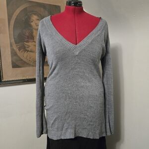 L H&M Grey Long Sleeved Sweater Dress with Deep V Neck